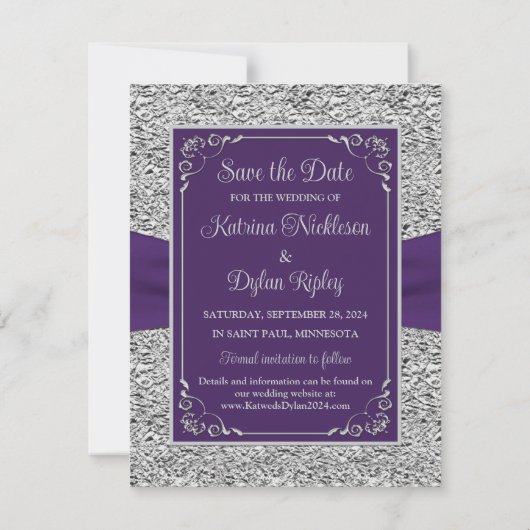 Paarse, Grijze Liefdesharten Bruiloft Save the Dat (Achterkant)