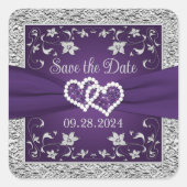 Paarse, Grijze Liefdesharten Bruiloft Save the Dat Vierkante Sticker (Voorkant)
