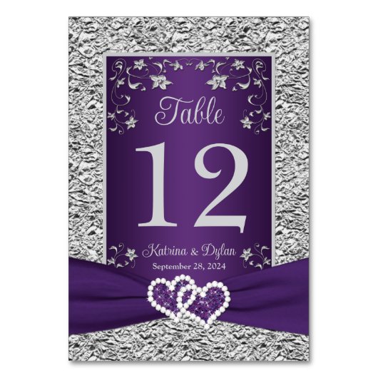 Paarse, Grijze Liefdesharten Bruiloft Tafel Nummer Kaart (Voorkant)