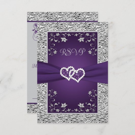 Paarse, Grijze Liefdesharten (KLEIN) Bruiloft RSVP (Voorkant / Achterkant)