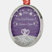 Paarse, grijze liefdeshartjes trouw 1e kerstfeest metalen ornament (Links)