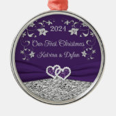 Paarse, grijze liefdeshartjes trouw 1e kerstfeest metalen ornament (Voorkant)
