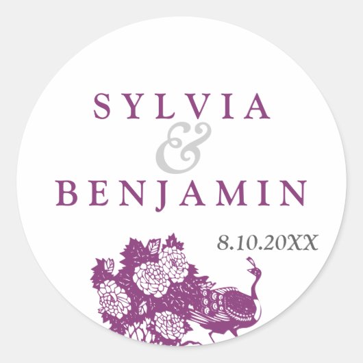 Paarse grijze pauwentuin chique bruiloft gunst zeg ronde sticker (Voorkant)