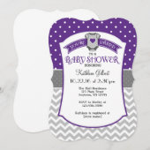 Paarse grijze Polka Dot Chevron Baby shower Invite Kaart (Voorkant / Achterkant)