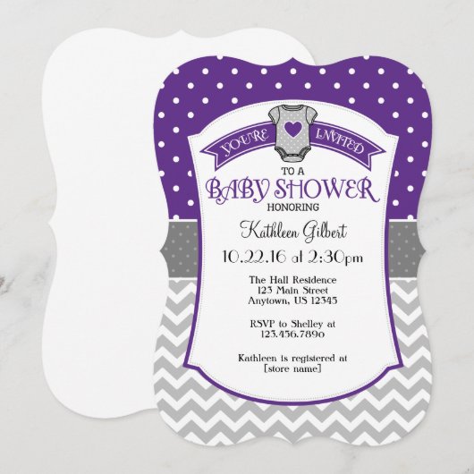 Paarse grijze Polka Dot Chevron Baby shower Invite Kaart (Voorkant / Achterkant)