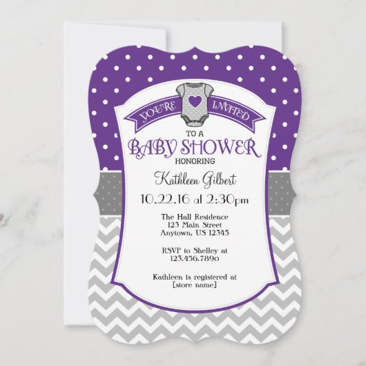 Paarse grijze Polka Dot Chevron Baby shower Invite Kaart (Voorkant)