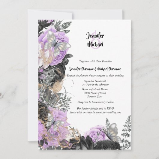 Paarse grijze rozen vlinder chique elegante bruilo kaart (Voorkant)