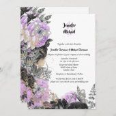 Paarse grijze rozen vlinder chique elegante bruilo kaart (Voorkant / Achterkant)