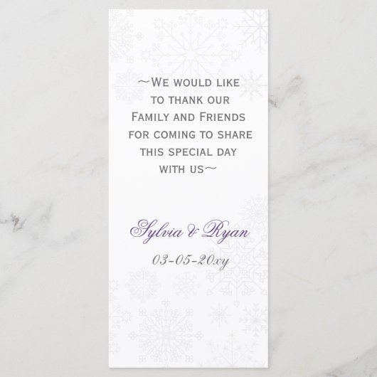 paarse grijze sneeuwvlok winter bruiloft menu kaar (Achterkant)