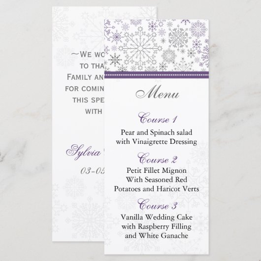 paarse grijze sneeuwvlok winter bruiloft menu kaar (Voorkant / Achterkant)