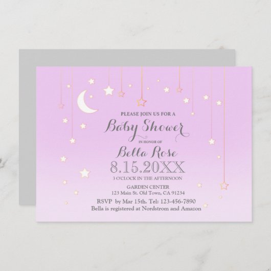 Paarse grijze ster maanmeisje baby shower nodigt u kaart (Voorkant / Achterkant)