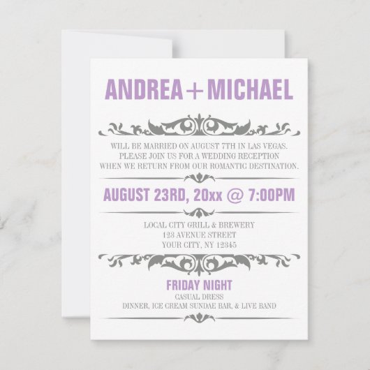 Paarse & Grijze Trouwreceptie UITNODIGINGEN (Voorkant)