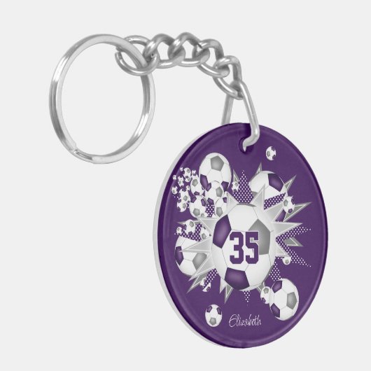 Paarse grijze voetbal blowout atleet naam sleutelhanger (Voorkant Links)