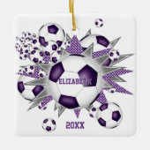 paarse grijze voetbal met blaasmeisjes keramisch ornament (Voorkant)
