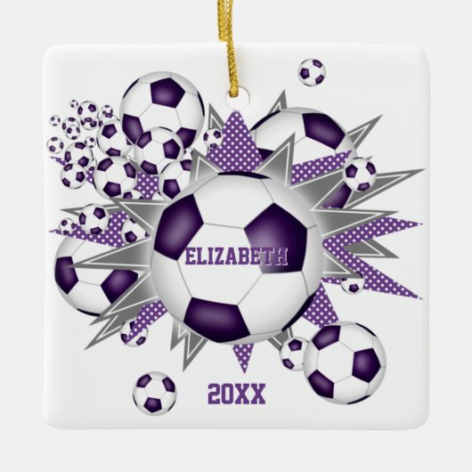 paarse grijze voetbal met blaasmeisjes keramisch ornament (Voorkant)