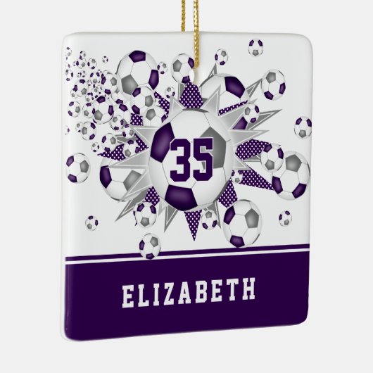 Paarse grijze voetballen sterren gepersonaliseerd keramisch ornament (Rechts)