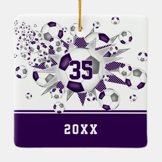 Paarse grijze voetballen sterren gepersonaliseerd keramisch ornament (Achterkant)