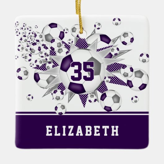 Paarse grijze voetballen sterren gepersonaliseerd keramisch ornament (Voorkant)