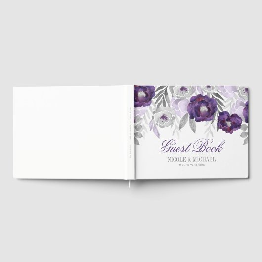 Paarse grijze Waterverf bloemen bruiloft Gastenboek (Volledig)