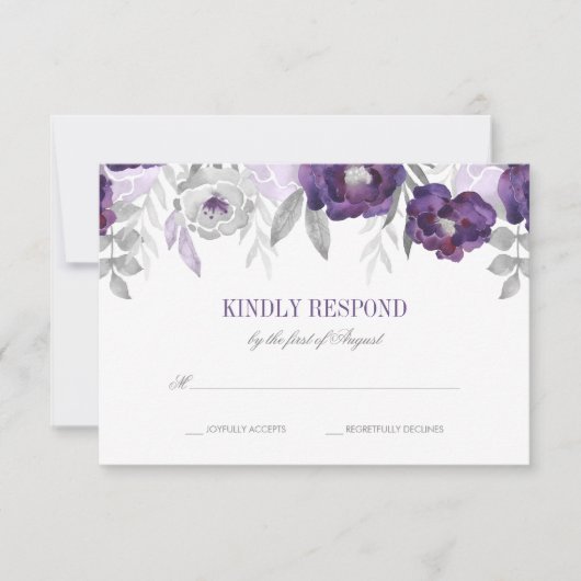 Paarse Grijze Waterverf Bloemen Bruiloft RSVP (Voorkant)