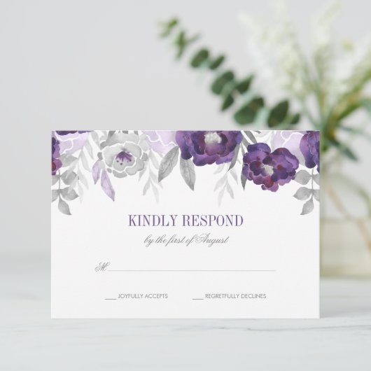 Paarse Grijze Waterverf Bloemen Bruiloft RSVP (Staand voorkant)