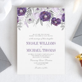 Paarse Grijze Waterverf Bloemen Bruiloft Uitnodigi Kaart