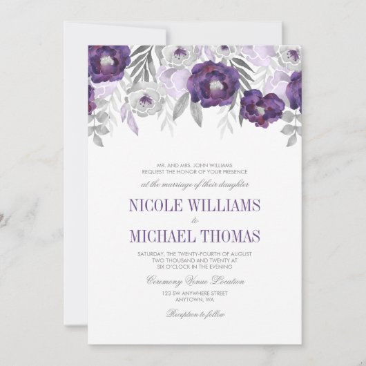 Paarse Grijze Waterverf Bloemen Bruiloft Uitnodigi Kaart (Voorkant)