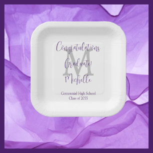 Paarse Grijze Witte Monogrammed Graduation Party Papieren Bordje