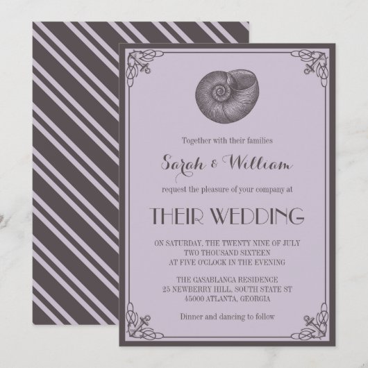 Paarse Grijze Zeeschelp Zeevaart Huwelijksuitnodig Kaart (Voorkant / Achterkant)