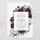 Paarse grijze zilver Waterverf Peony Fall Wedding Kaart (Voorkant / Achterkant)