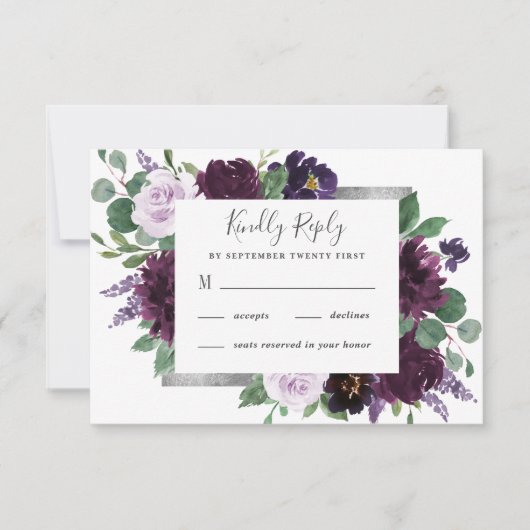 Paarse grijze zilver Waterverf Peony Fall Wedding RSVP Kaartje (Voorkant)