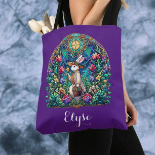 Paarse grillige Glas in lood paashaas Tote Bag