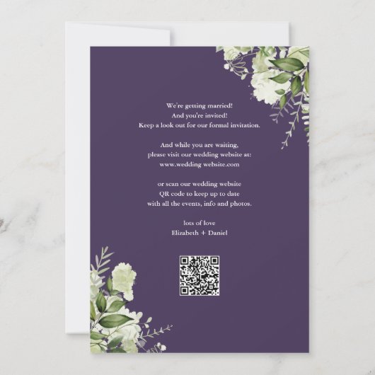 Paarse Groen Bloemen Gouden Boog QR Code Huwelijk Save The Date (Achterkant)