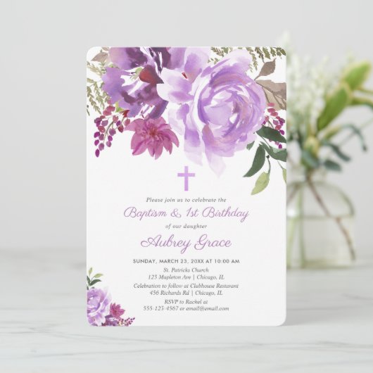 Paarse groen bloemendoop 1e eerste verjaardag kaart (Staand voorkant)