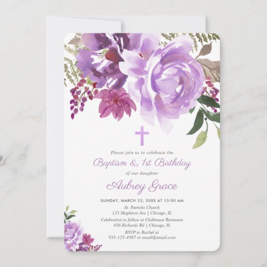 Paarse groen bloemendoop 1e eerste verjaardag kaart (Voorkant)