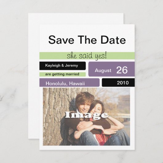 Paarse groen en zwart slaan de datum op aankondigingskaart (Voorkant / Achterkant)