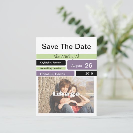 Paarse groen en zwart slaan de datum op aankondigingskaart (Staand voorkant)