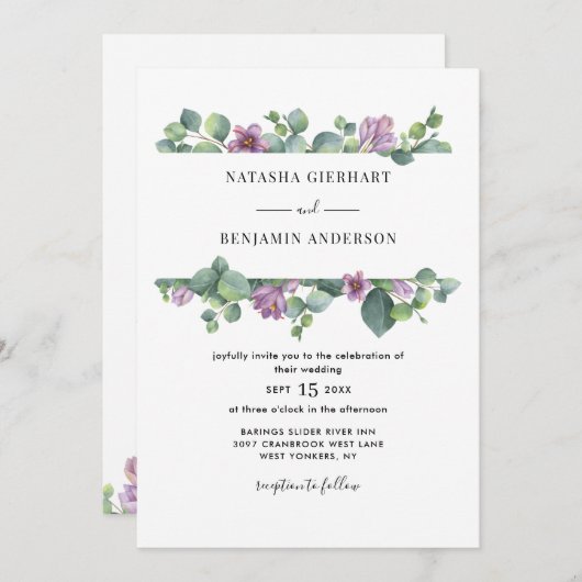 Paarse groen Eucalyptus QR-code bruiloft Kaart (Voorkant / Achterkant)