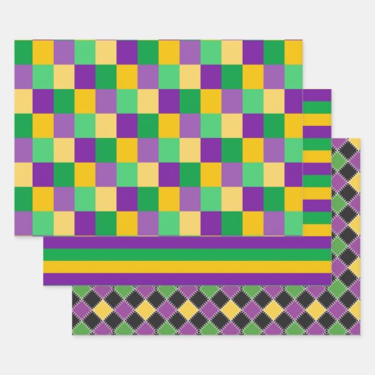 PAARSE GROEN GOLD MARDI GRAS DIAMOND STRIPES INPAKPAPIER VEL (Set)