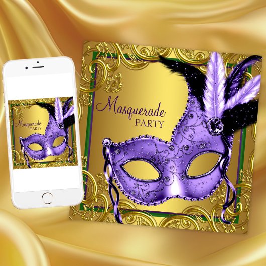 Paarse Groen Goud Mardi Gras Masquerade Party Kaart