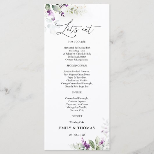 Paarse groen lavendel bruiloft menu (Voorkant)