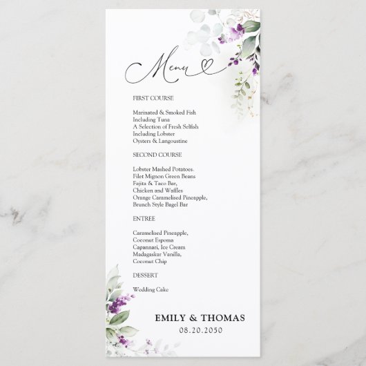 Paarse groen lavendel bruiloft menu (Voorkant)