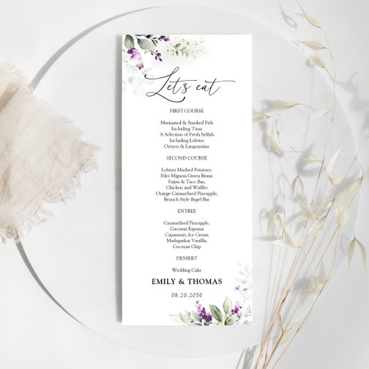 Paarse groen lavendel bruiloft menu