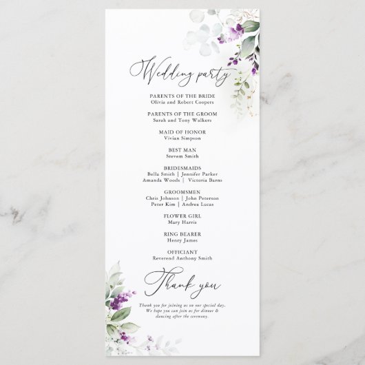 Paarse groen lavendel bruiloft programma programmakaart (Achterkant)