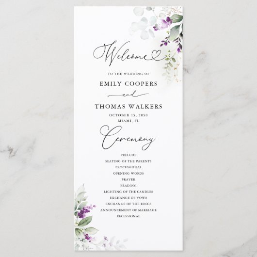 Paarse groen lavendel bruiloft programma programmakaart (Voorkant)