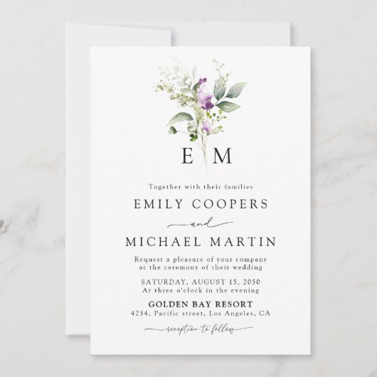 Paarse groen lavendel bruiloft uitnodiging (Voorkant)