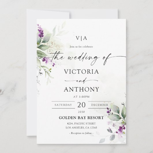 Paarse groen lavendel bruiloft uitnodiging (Voorkant)