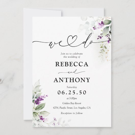 Paarse groen lavendel bruiloft uitnodiging (Voorkant)
