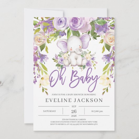 Paarse groen schattige olifant oh baby shower kaart (Voorkant)