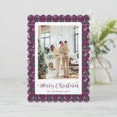 Paarse Groen Wit Winterpatroon Foto Kerst Feestdagenkaart (Staand voorkant)